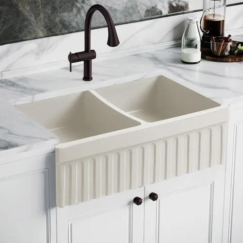 Vista 6 de Whitehaus Collection Quatro Alcove - Fregadero de cocina reversible de doble cuenco Farmhaus con borde frontal acanalado de 2 pulgadas en un lado