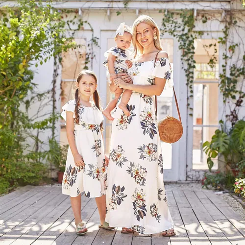 Vista 2 de PopReal - Vestidos con estampado floral a juego para madre e hija, de gasa, con volantes, manga corta, para la playa, con diadema, con tira de tela