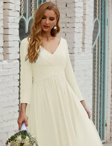 Vista 4 de nightbubo Vestido de dama de honor para mujer manga larga cuello en V vestido formal de gasa para boda