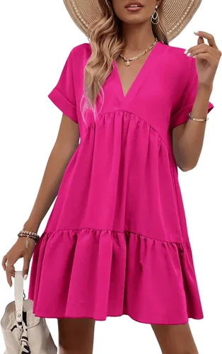 Vista 5 de WDIRARA Vestido de manga corta enrollable con cuello en V y dobladillo con volantes para mujer