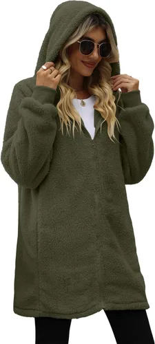 Vista 7 de ReachMe - Chaqueta tipo sudadera con capucha para mujer, de vellón, con cierre y bolsillos, larga, de gran tamaño, mullida y cálida
