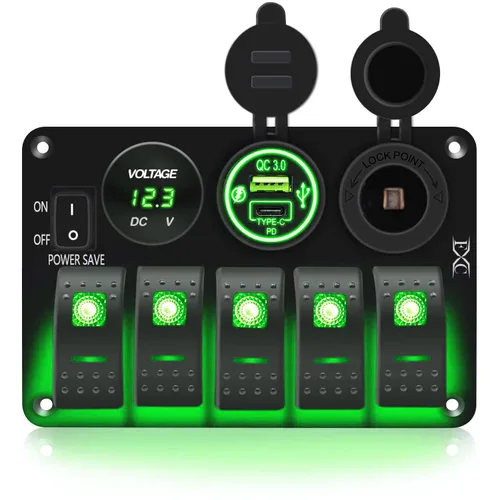 Vista 10 de FXC Interruptor basculante de barco marino impermeable, panel de aluminio de 5 segmentos con ranura USB dual 3.1A + medidor de voltios, luz LED azul