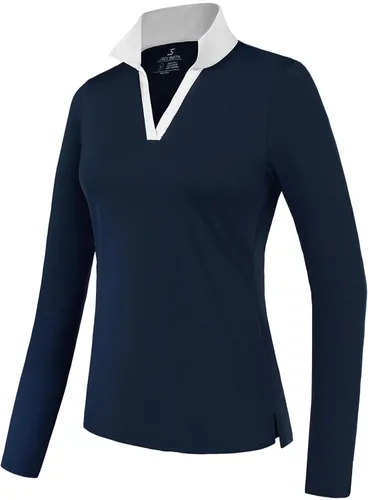 Vista 2 de JACK SMITH Polo de golf de manga larga para mujer, cuello en V, atlético, para tenis, absorbe la humedad