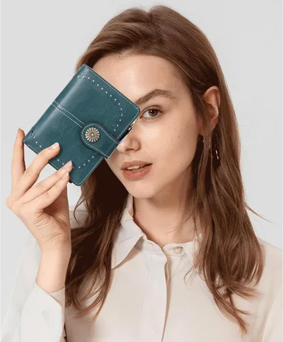 Vista 6 de Billetera pequeña para mujeres bifold portador de tarjetas de crédito con bloqueo RFID con bolsillo con cremallera, A01 verde , Compacto