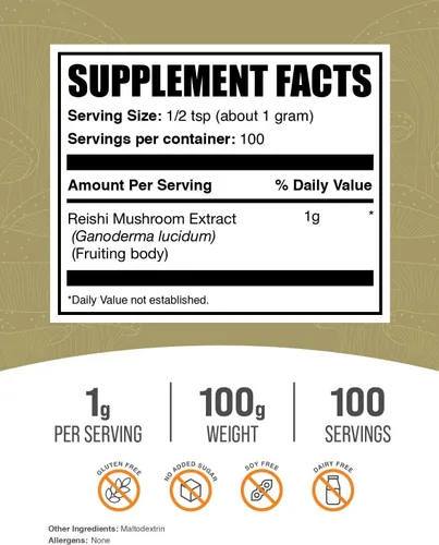 Vista 2 de BulkSupplements. com Reishi - Extracto de hongos en polvo, suplemento para el bienestar general, sin gluten, 0.04 oz por porción, 3.5 onzas