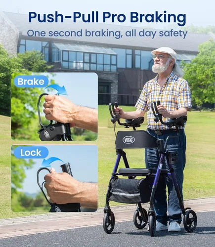 Vista 9 de VOCIC Caminantes para personas mayores, andador vertical con reposabrazos ajustables, Z22 GelCool Stand Up Walker con asiento y respaldo Ergo