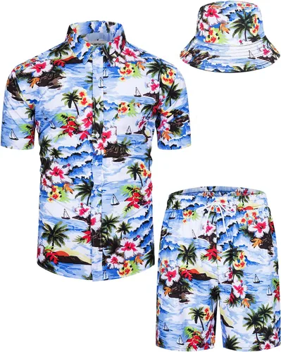 Vista 26 de TUNEVUSE Conjunto de camisas y pantalones cortos hawaianos para hombre, 2 piezas, trajes de playa con estampado de flores, traje tropical de verano