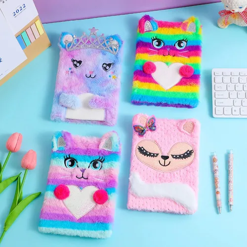 Vista 6 de Cute Cat Plush Notebook with Sequined Bow, Kids Girls Cartoon Fuzzy Writing Drawing Pad Personal Journal Diary Notepad with Lined Paper Notebook