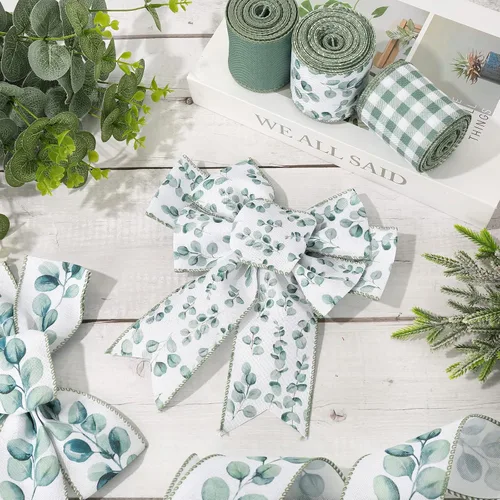 Vista 5 de AnyDesign 4 rollos de cinta de eucalipto con borde con alambre de 24 yardas, cinta decorativa de hojas verdes, cintas de tela para primavera