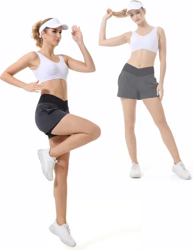 Vista 6 de HARTPOR Pantalones cortos deportivos 2 en 1 de secado rápido para mujer, cintura cruzada con bolsillos, forro de malla para entrenamiento, gimnasio