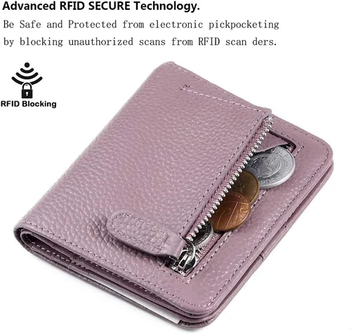 Vista 3 de Funtor Cartera de cuero para mujer, pequeña y compacta, con bolsillo doble, bloqueo RFID, para mujer
