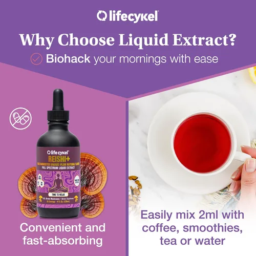 Vista 3 de Life Cykel - Extracto de hongo Reishi con ciruela Kakadu silvestre - Potente suplemento de apoyo inmunológico y del sueño, gotas de hongos