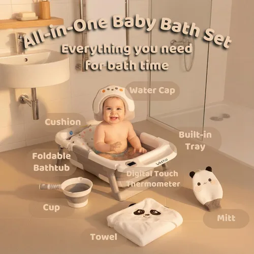 Vista 2 de VASTIO™ Juego de Bañera Plegable 6 en 1 para Bebé – Bañera de Baño Plegable para Recién Nacidos a Niños Pequeños, Juego de Baño Portátil para Bebés