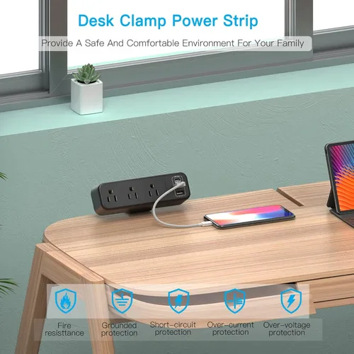 Vista 6 de Regleta de alimentación con abrazadera de escritorio de 3 salidas con USB C, enchufe plano negro abrazadera de borde de escritorio, enchufe