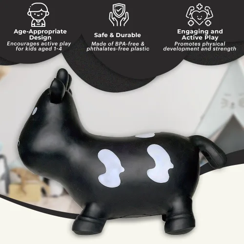 Vista 5 de Juguete inflable de vaca negra para niños pequeños con bomba