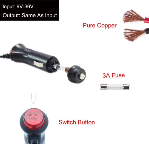 Vista 2 de 12/24V Adaptador de corriente para encendedor de cigarrillos de coche - Cable de extensión con enchufe macho y botón de interruptor para DC 5.5mm x