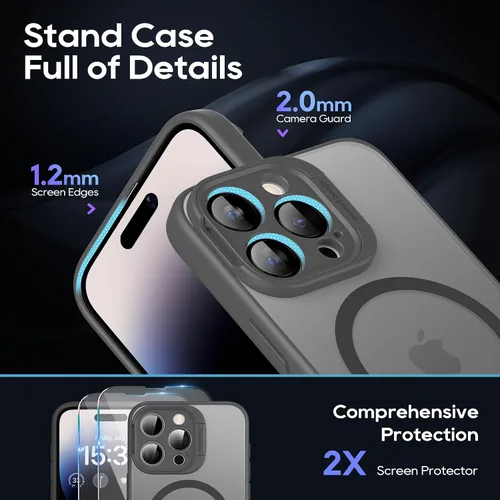 Vista 3 de Funda magnética para iPhone 15 Pro Max con soporte, soporte de cámara con protector de pantalla compatible con Magsafe a prueba de golpes