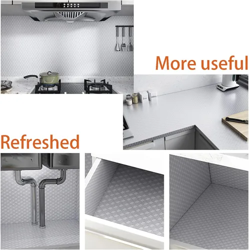 Vista 4 de Snkxu Papel Tapiz de Cocina Resistente al Aceite Adhesivo Protector contra Salpicaduras de Papel de Aluminio Autoadhesivo Plateado Forro de Gabinete