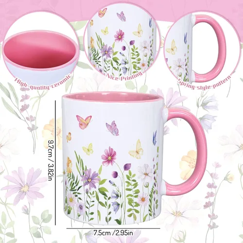 Vista 2 de Whaline 2 tazas de café florales de primavera con asa, 12 onzas, acuarela, flores silvestres, mariposa, taza de cerámica para familiares amigos