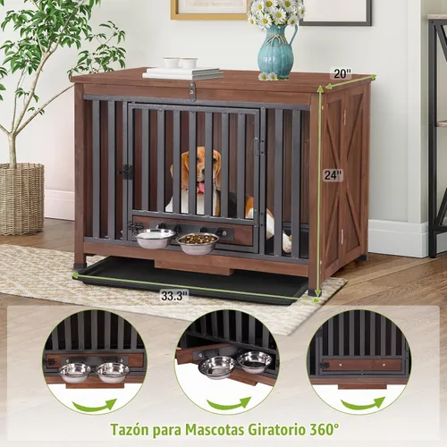 Vista 5 de GUTINNEEN Muebles de Jaula para Perros Plegables Perrera para Perros Pequeños Medianos Grandes Casa de Madera Maciza para Perros con Cuenco Jaula