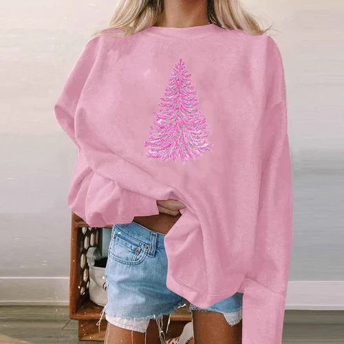 Vista 4 de Sudadera rosa con árbol de Navidad para mujer, sudaderas de gran tamaño con cuello redondo para mujer, color rosa intenso