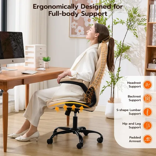 Vista 5 de Silla de Escritorio de Oficina, Silla Ergonómica para Computadora con Brazos Abatibles Acolchados y Soporte Lumbar Ajustable, Silla Ejecutiva