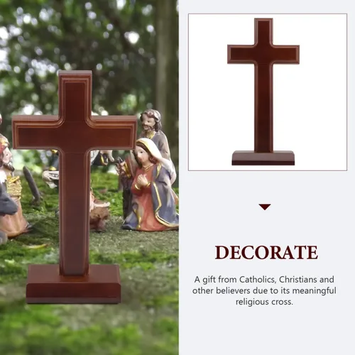 Vista 4 de Levemolo Cruz de madera con base de madera, cruz decorativa de pie para escritorio, decoración de iglesia y decoración religiosa del hogar