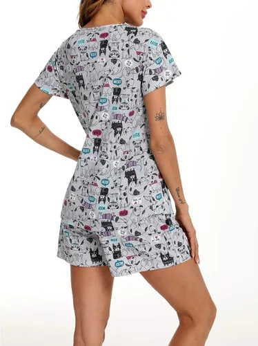 Vista 5 de ENJOYNIGHT - Conjunto de pijama estampado de camiseta y pantalones cortos con bolsillos para mujer