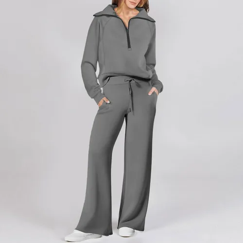 Vista 4 de WKSCLPAI Women's 2 Piece Outfits Casual Dressy Sweatsuit Sets Trendy Half Zip Sweatshirt Wide Leg Pant Lounge Set Tracksuit
