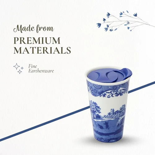 Vista 5 de Spode Taza de viaje de porcelana italiana azul de 8 onzas con tapa – Vaso con estampado escénico con borde decorativo – Taza de café de cerámica
