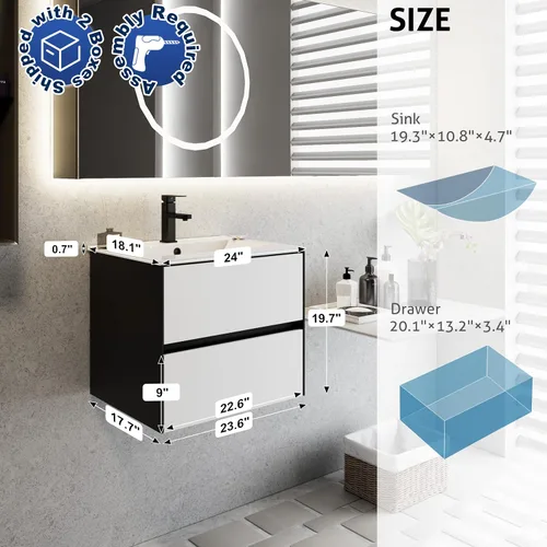 Vista 2 de eclife Armario de tocador de baño de 24 pulgadas con fregadero blanco empotrado, armario de baño flotante montado en la pared con colores mezclados