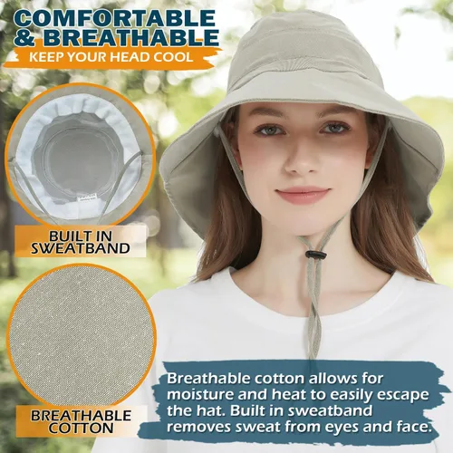 Vista 5 de Women's Cotton Sun Hat with Neck Flap, UV Protection Wide Brim Outdoor Hat Caqui