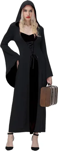 Vista 2 de NANAMEEI Disfraz de bata con capucha para mujer, vestido largo con bloques de color, vestidos de Halloween para cosplay