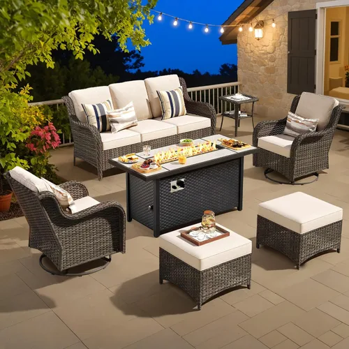 Vista 48 de Juego de muebles de exterior para patio, silla y sofá (ratán marrón, beige, 3 piezas)