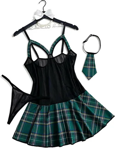 Vista 12 de Avidlove Conjunto de lencería sexy para mujer, falda a cuadros Rosa