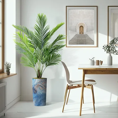 Vista 6 de Árbol artificial en macetero con efecto de granito moderno, palmera tropical areca artificial de seda para decoración del hogar en interiores