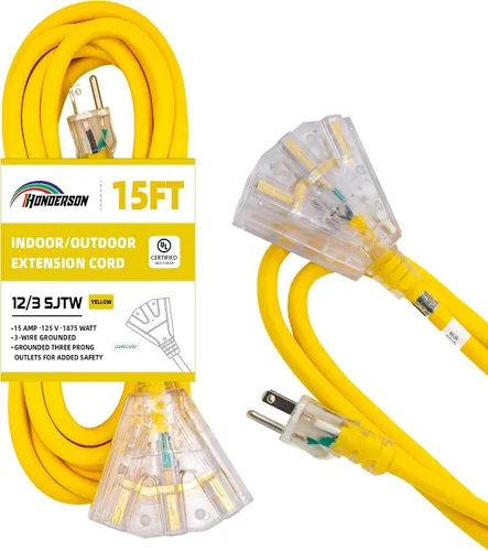 Vista 21 de Cable de extensión GFCI iluminado de 3 pies con 3 tomas de corriente, cable de extensión negro resistente SJTW 12/3 con enchufe a tierra de 3