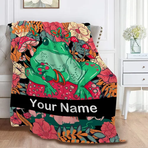 Vista 3 de Anuruddha Manta personalizada con nombre, manta de franela con nombre personalizado de rana floral, esponjosa, acogedora, manta de hongo y rana