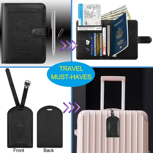 Vista 2 de Funda para pasaporte, cartera con bloqueo RFID, funda de piel para tarjetas, accesorios de viaje para mujeres y hombres, negro