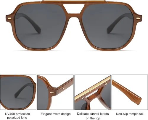 Vista 4 de SOJOS Gafas de sol polarizadas estilo aviador retro de moda para hombres y mujeres, estilo vintage de los años 70, marco cuadrado elegante SJ2283