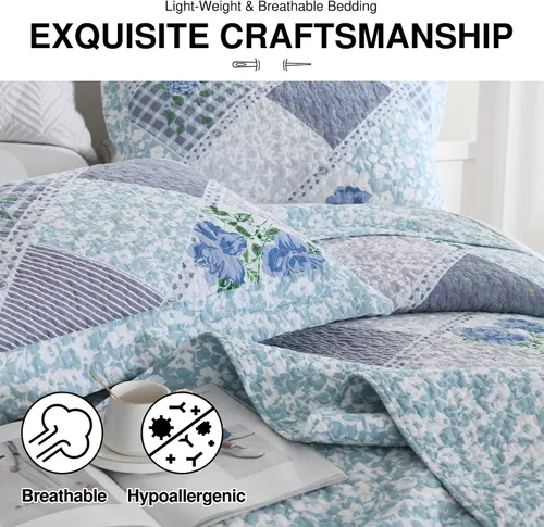 Vista 6 de DDUOXIN Colcha floral extragrande tamaño King de 128 x 120 pulgadas, edredón reversible de 100 % algodón con 2 fundas de almohada, cubrecamas de Azul