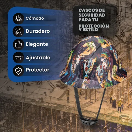 Vista 2 de Casco duro OSHA de ala completa sin ventilación con diseño de tatuaje/calavera con acabado mate con suspensión de 6 puntos Senorita Muerte