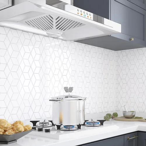 Vista 3 de Livelynine Azulejos para salpicadero de cocina, azulejos geométricos blancos de 12 x 12 pulgadas, azulejos adhesivos para pared de baño, ducha, apto