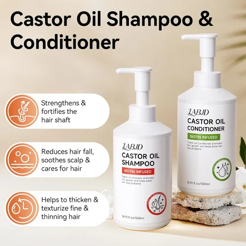 Vista 3 de Juego de champú y acondicionador de aceite de ricino para el crecimiento del cabello, fortalece y limpia el cabello fino, restauración del cabello