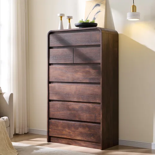 Vista 18 de Aitjunz - Cómoda moderna de 5 cajones para dormitorio, 45 pulgadas de alto, diseño de perfil curvo, cómoda vertical de madera estilo Mid-Century