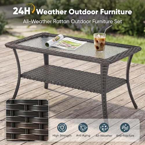 Vista 6 de Belord Mesa de centro al aire libre para patio, mesa de centro de ratán de 40 pulgadas con almacenamiento de 2 capas, mesa rectangular de mimbre