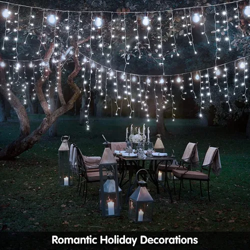 Vista 2 de KiflyTooin Luces Solares de Navidad para Exteriores Impermeables Luces de Cortina para Decoraciones de Navidad 320 LED 29.5 pies 60 Gotas, Luces