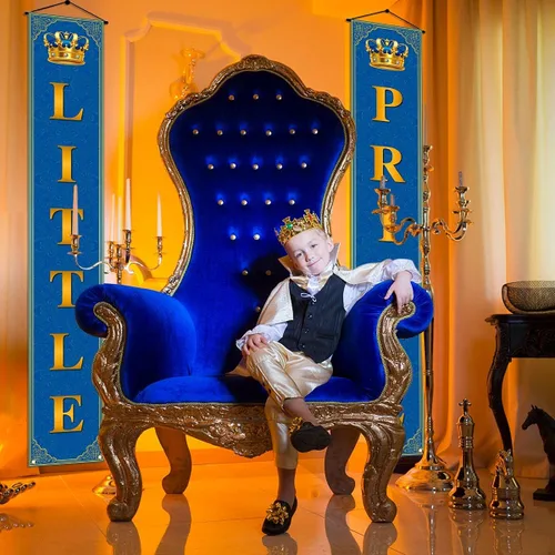 Vista 5 de Decoración de baby shower de príncipe real para niño, principito, pancarta de porche azul y dorado, corona de príncipe pequeño, decoración