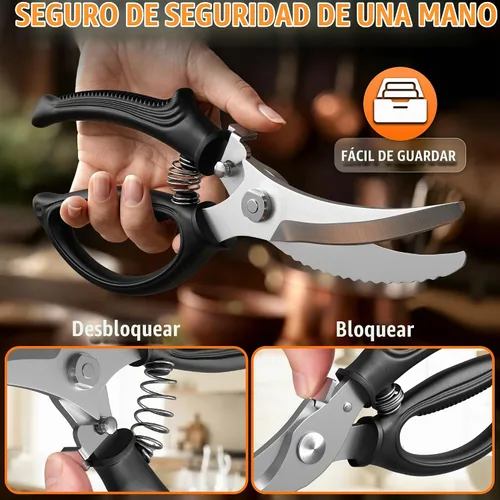 Vista 8 de Tijeras para aves de corral resistentes, tijeras de pollo de acero inoxidable con diseño de resorte, borde dentado antideslizante y bloqueo