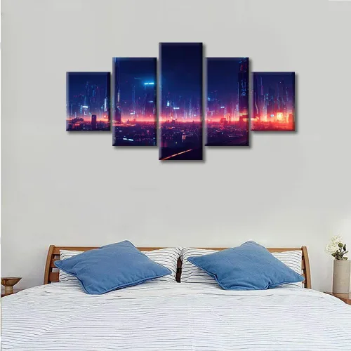 Vista 327 de Cuadros de 5 paneles de Cyberpunk City, arte de pared, representación de vallas publicitarias, edificios modernos en la capital con obras de arte